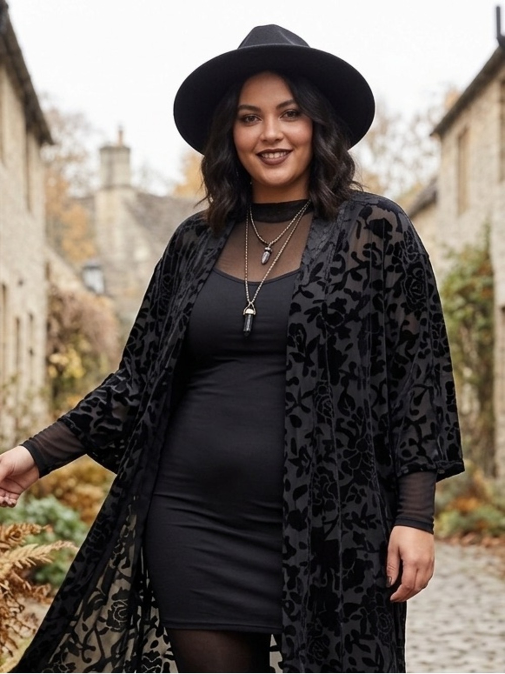 ModCloth Black Burnout Velvet Floral Kimono Duster Goth Whimsigoth Luxe 1X/2X